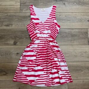 Everly Red White Geometric Striped V-Neck Fit Flare Dress Small Sleeveless